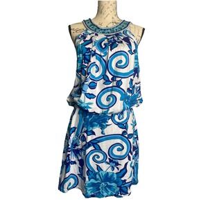 Joyous‎ & Free Resortwear Short Blue White Beaded Sleeveless Dress Womens S